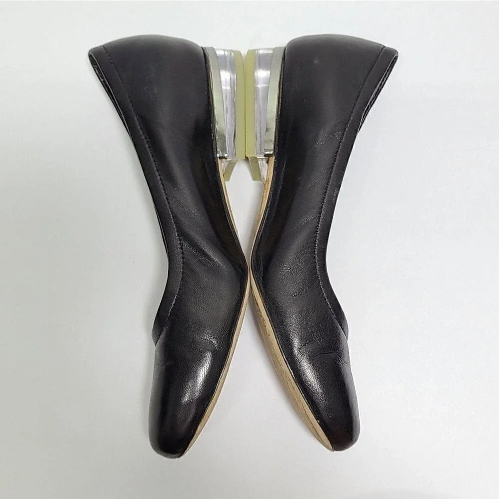 Vaneli Black Leather Round‎ Toe Ballet Flats Clear Lucite Block Heel Size 6.5